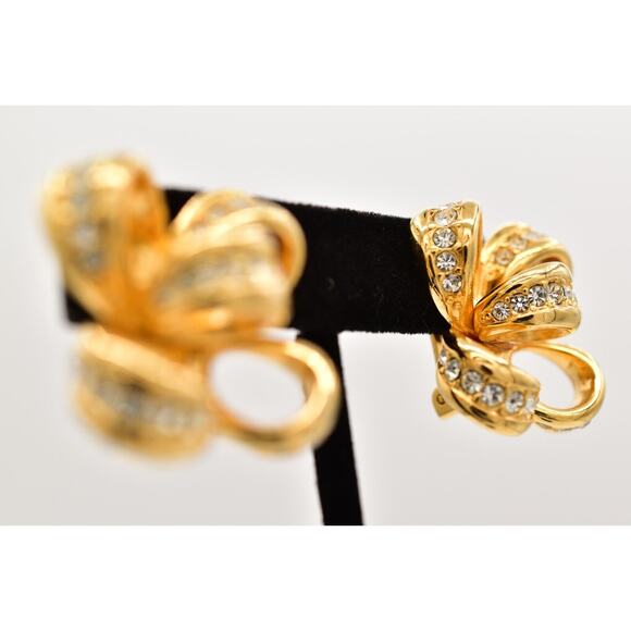 KJL Vintage Crystal Bow Clip Earrings Knot Gold Tone Chunky Signed 1990s BinBF - Picture 5 of 12